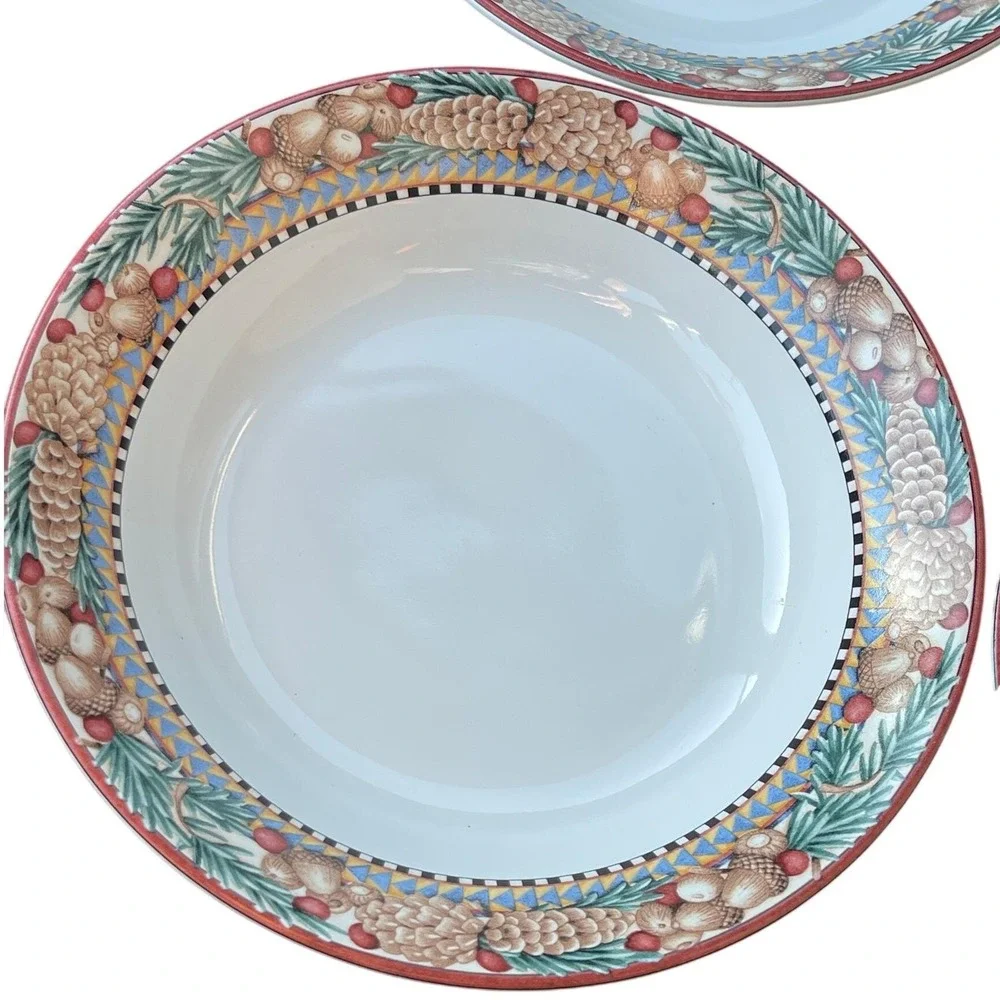 Sakura Pine Cone Debbie Mumm Stoneware Rimmed‎ Soup Bowls Set of 4 1998 Vintage
